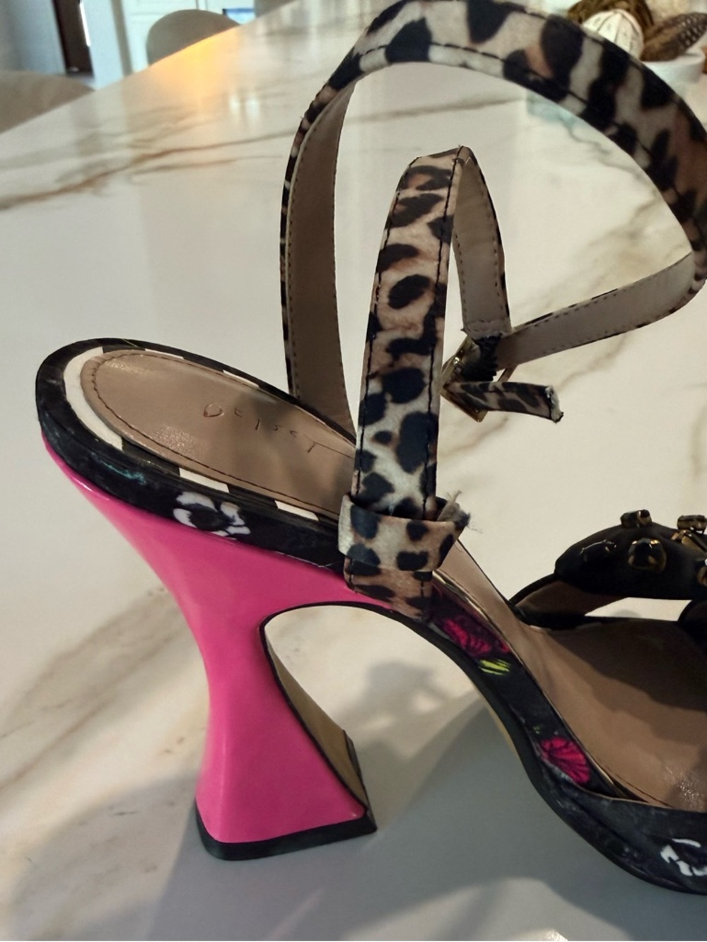 Betsey Johnson Black Beaded Bow Leopard-Ankle Sandals with Hot Pink Heel - Picture 4 of 6